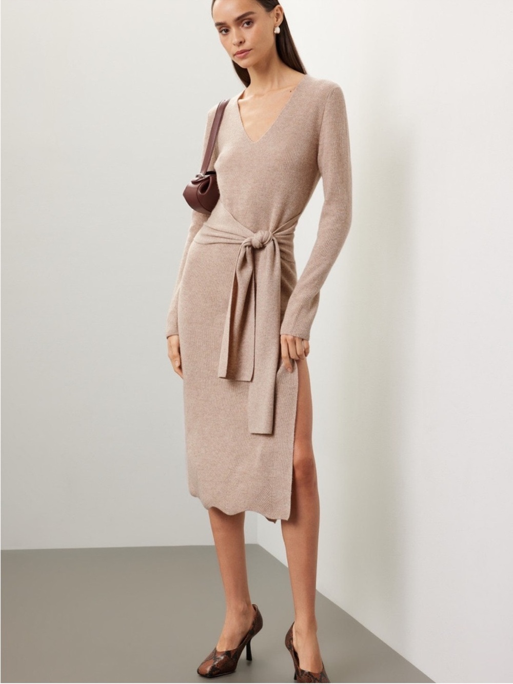 Toccin Tie‑Waist V‑Neck Midi Dress in Taupe